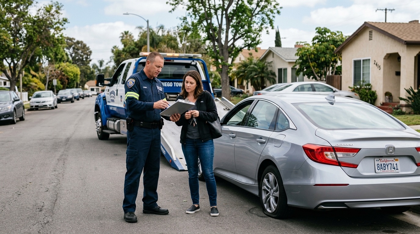 Boston tow operator and customer discussing service options on a highway shoulder