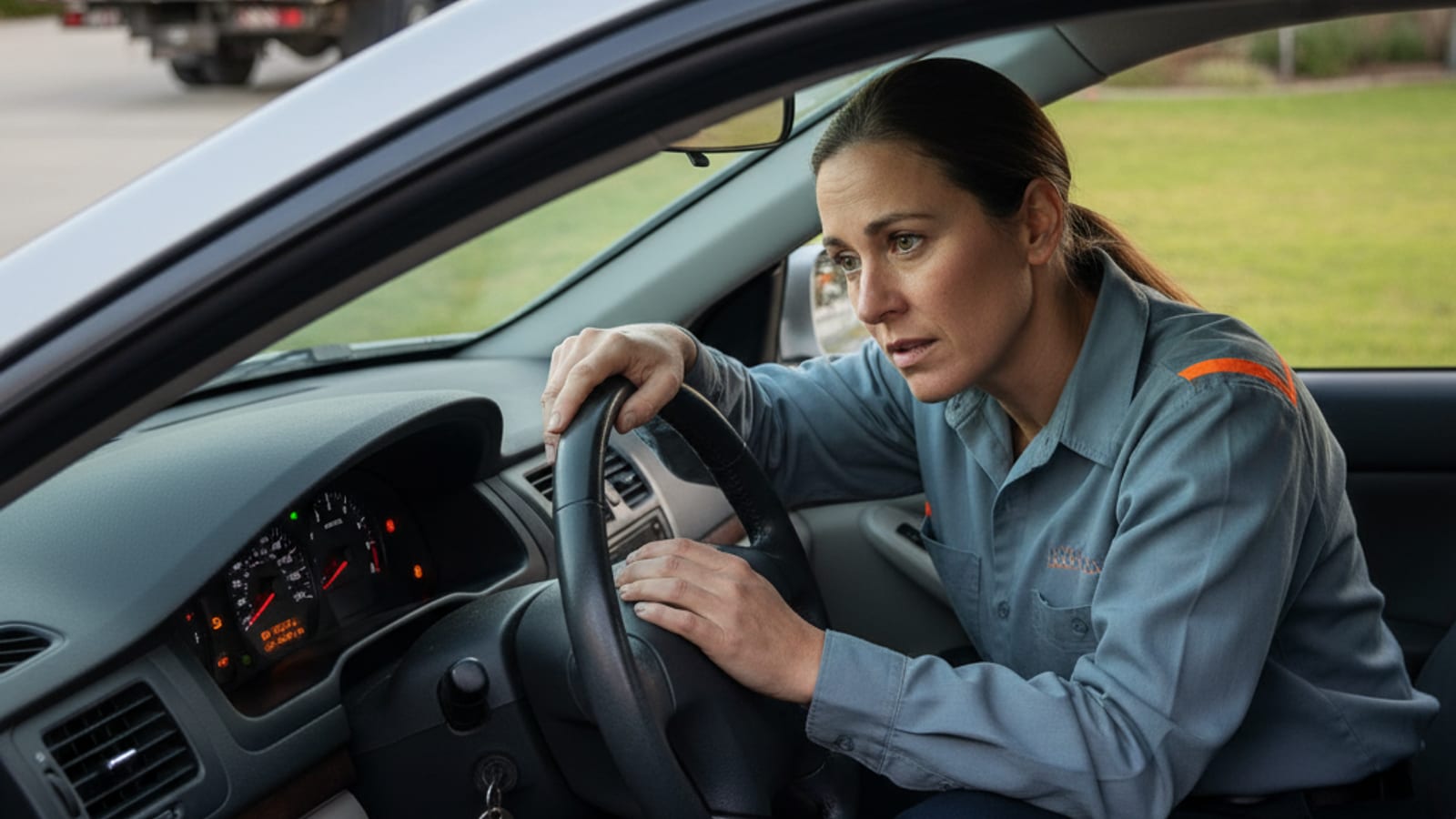 Driver checking dashboard warning lights on a parked car in a Boston driveway