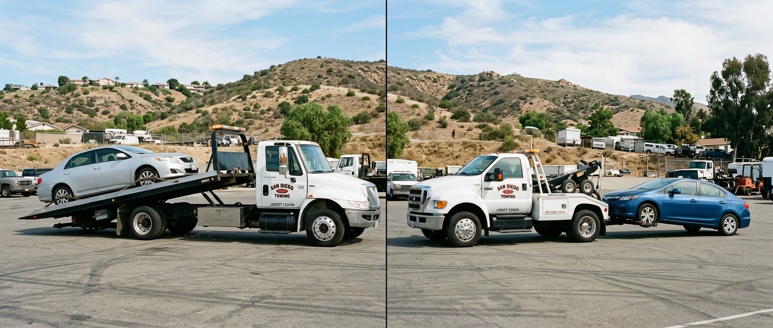Side-by-side comparison of a flatbed tow truck and a wheel-lift tow truck loading vehicles in a Boston service yard