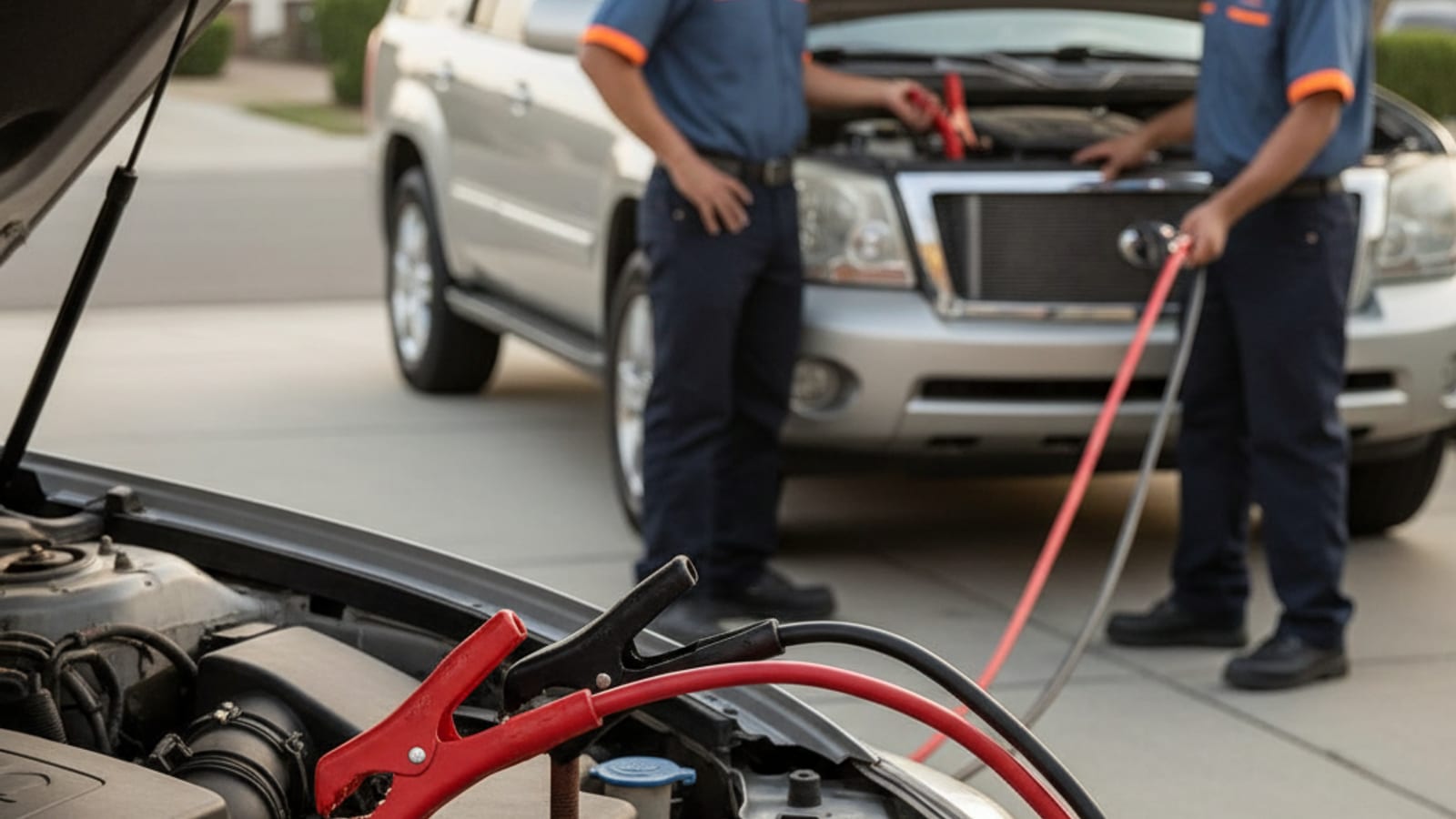 Close-up of jumper cables connected between two car batteries with the donor vehicle running in a Boston driveway