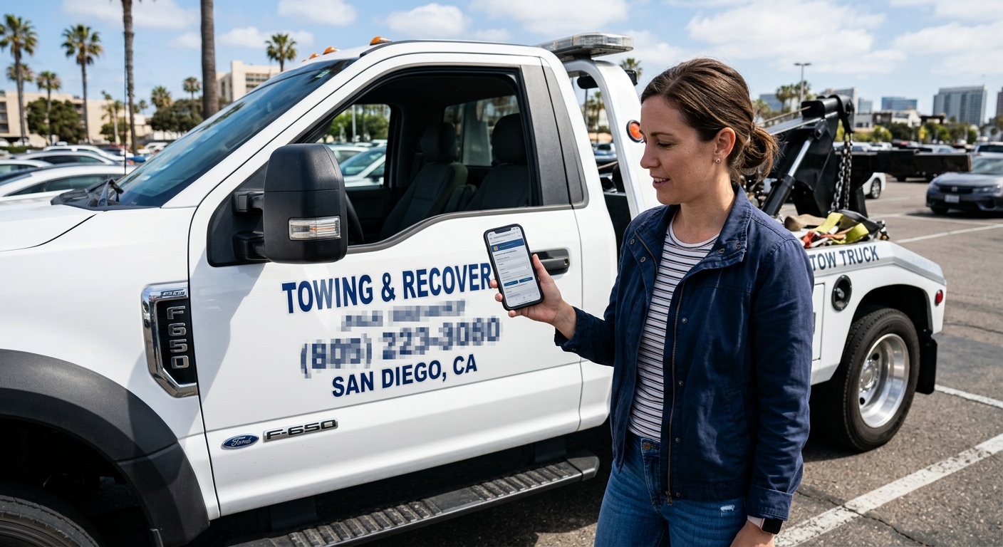 Customer checking a tow bill against the state rate schedule on a smartphone in a Boston parking lot