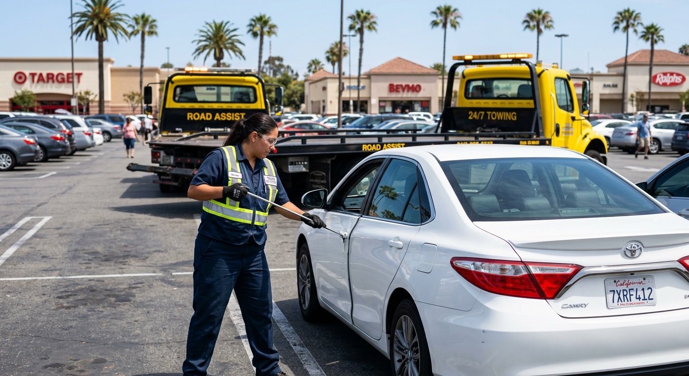 Independent operator using a long-reach lockout tool to unlock a sedan in a Boston shopping center parking lot