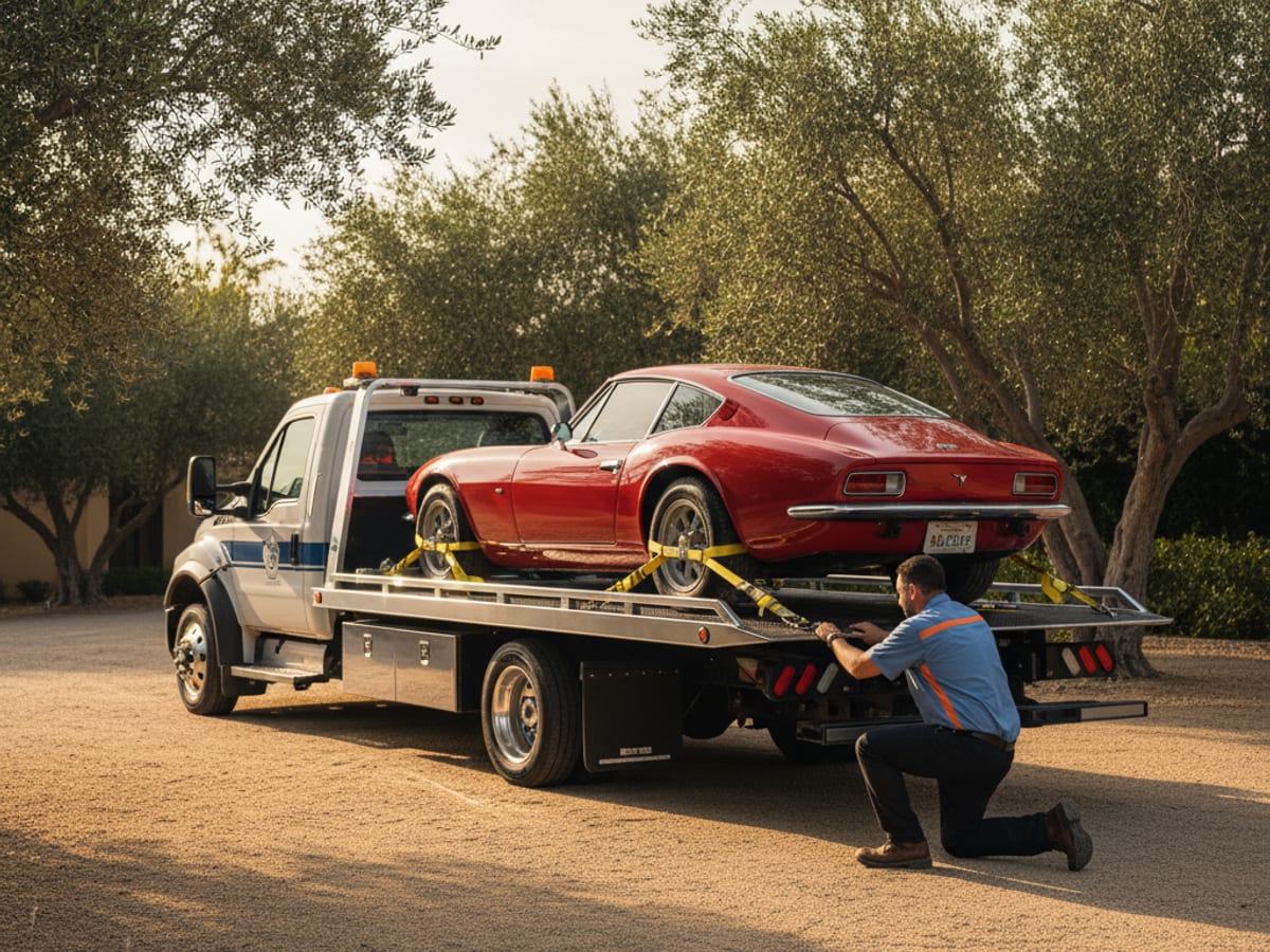An enclosed trailer carrying a low-clearance sports car through Newton Massachusetts