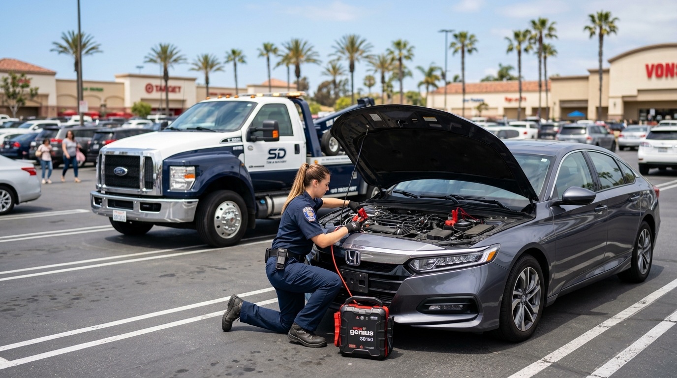 Independent operator connecting a commercial jump pack to a dead battery in a Boston parking lot during daylight