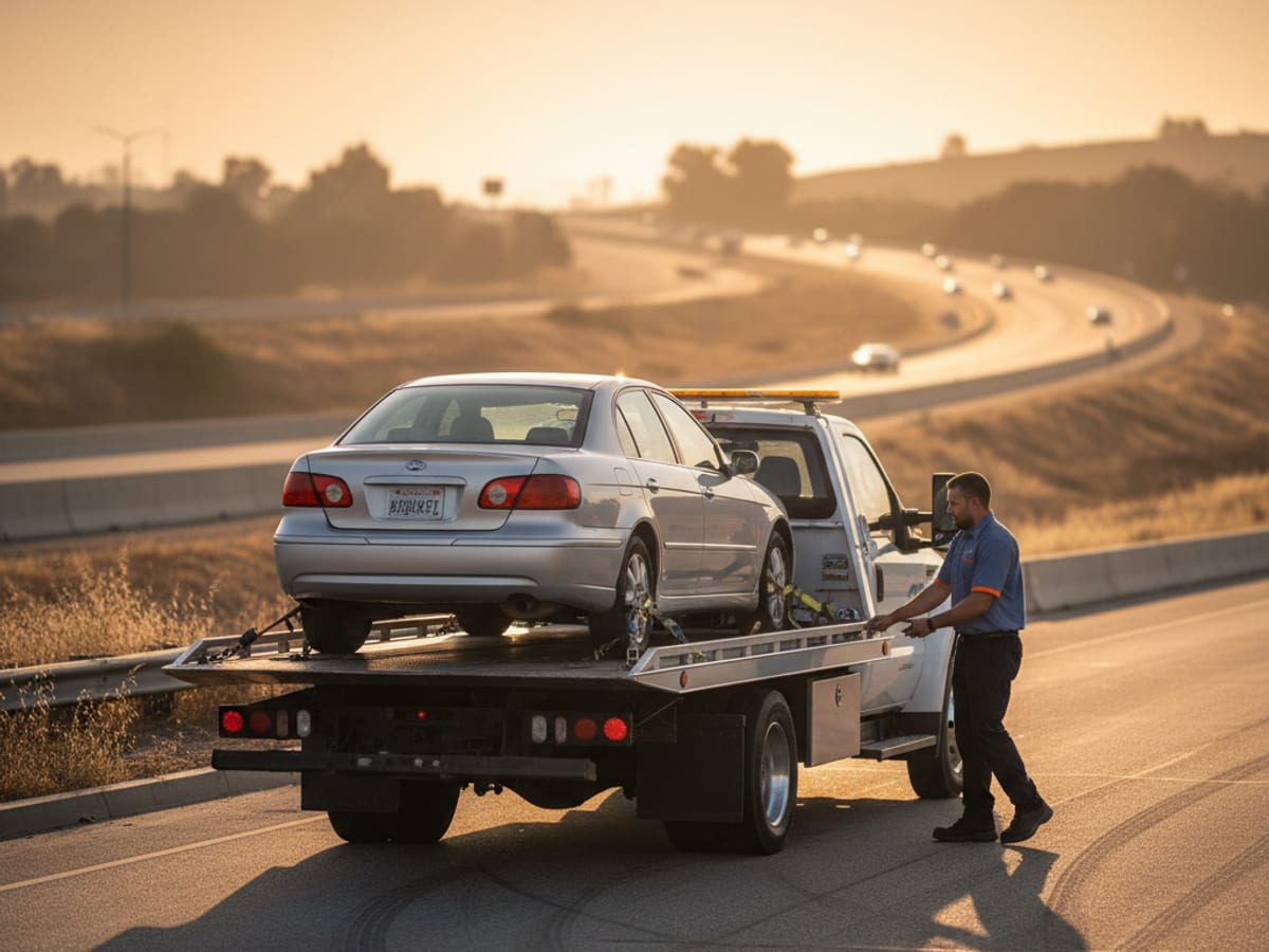 A flatbed carrying a car on an interstate leaving Greater Boston