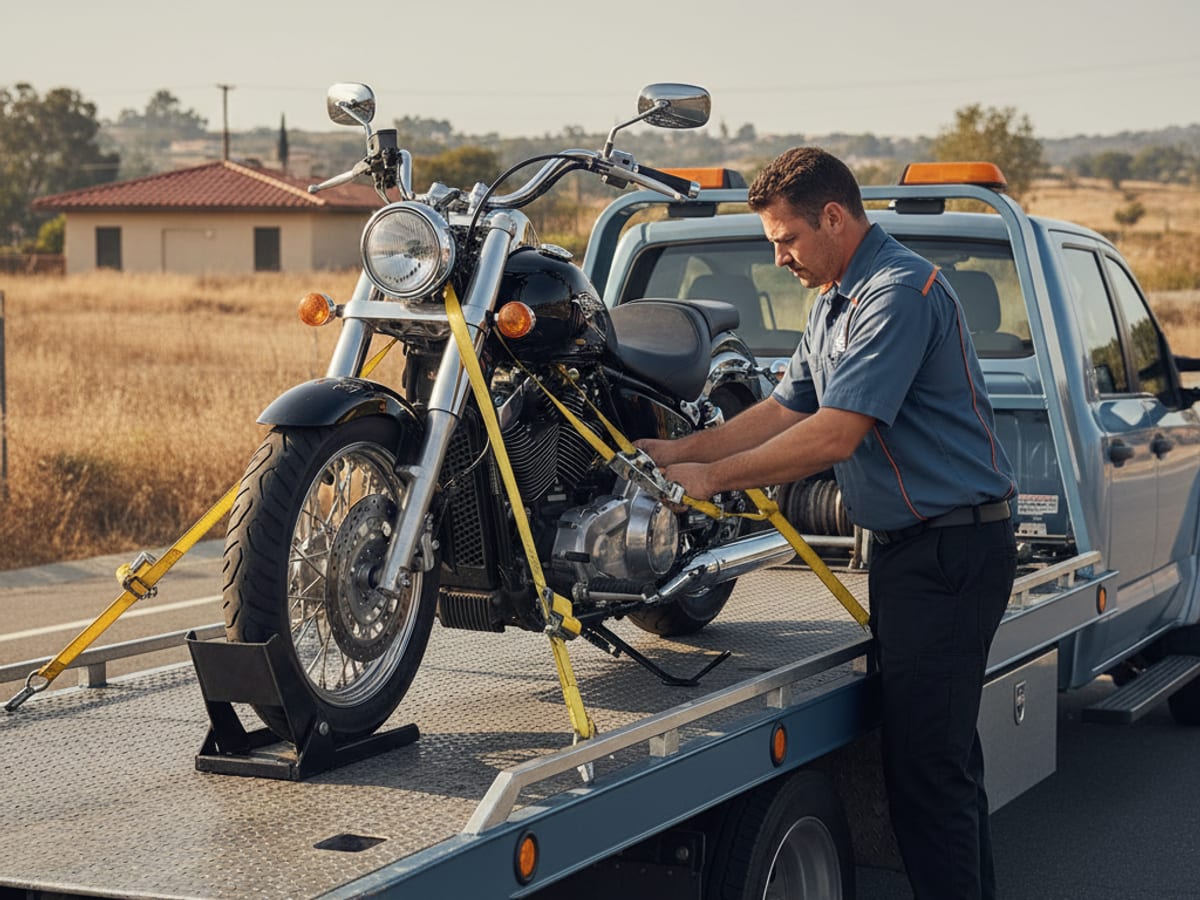 A low-deck flatbed carrying a motorcycle along Memorial Drive in Cambridge