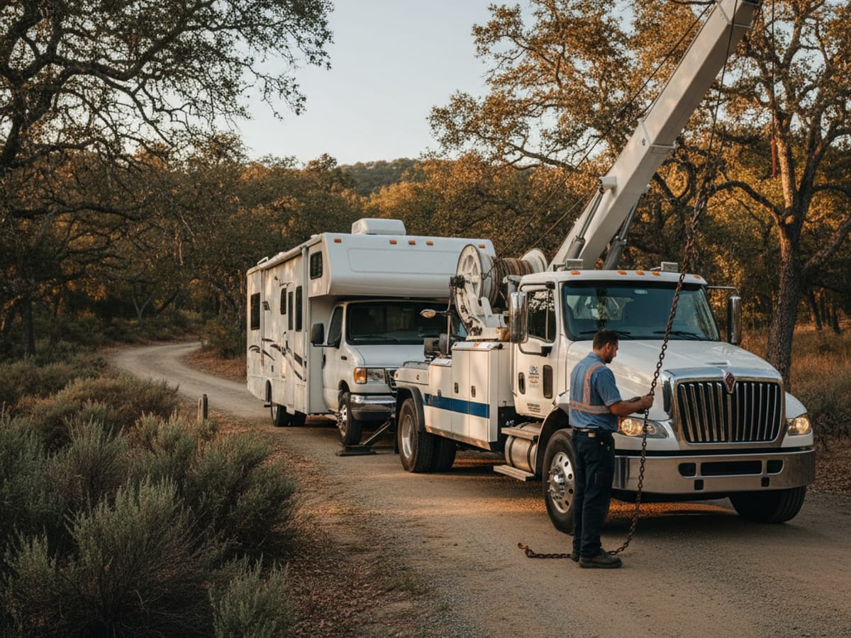 A heavy-duty wrecker hooked to a stalled Class C motorhome on Route 3 south of Boston