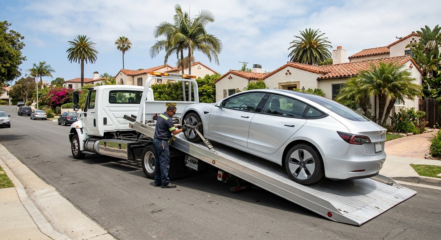 A flatbed tow truck carrying a Tesla Model Y on Route 128 north of Boston